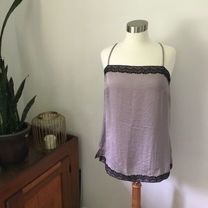 Silky metallic silver tank w/ black lace trim